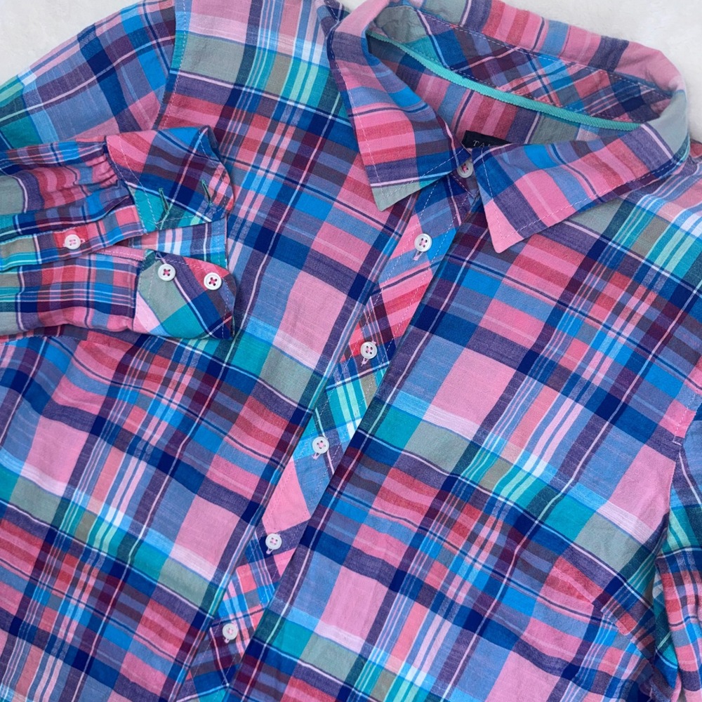 Talbots Plaid Button Down Shirt Womens Medium Pink Blue Madras Cotton Top